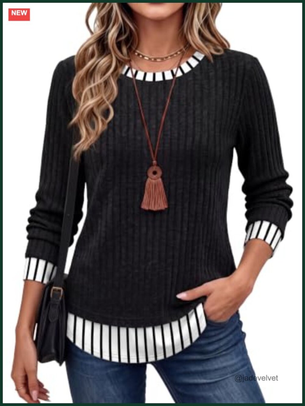 Womens Long Sleeve Knit Top Faux Layer Crew Neck Tunic